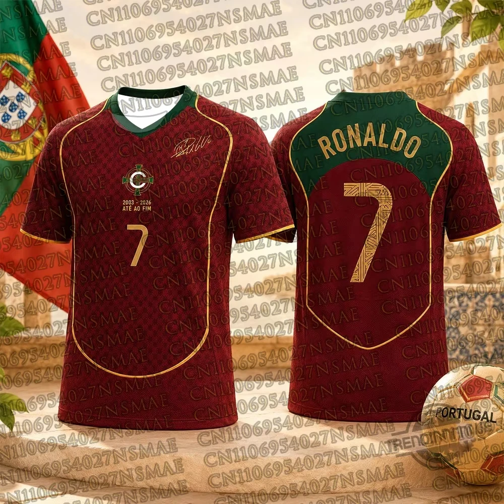 Portugal Soccer Jersey Red Jacquard Gold Trim Front Emblem No.7 Back Ronaldo Lettering Green Yoke 2026 Crest Fan Football Shirt