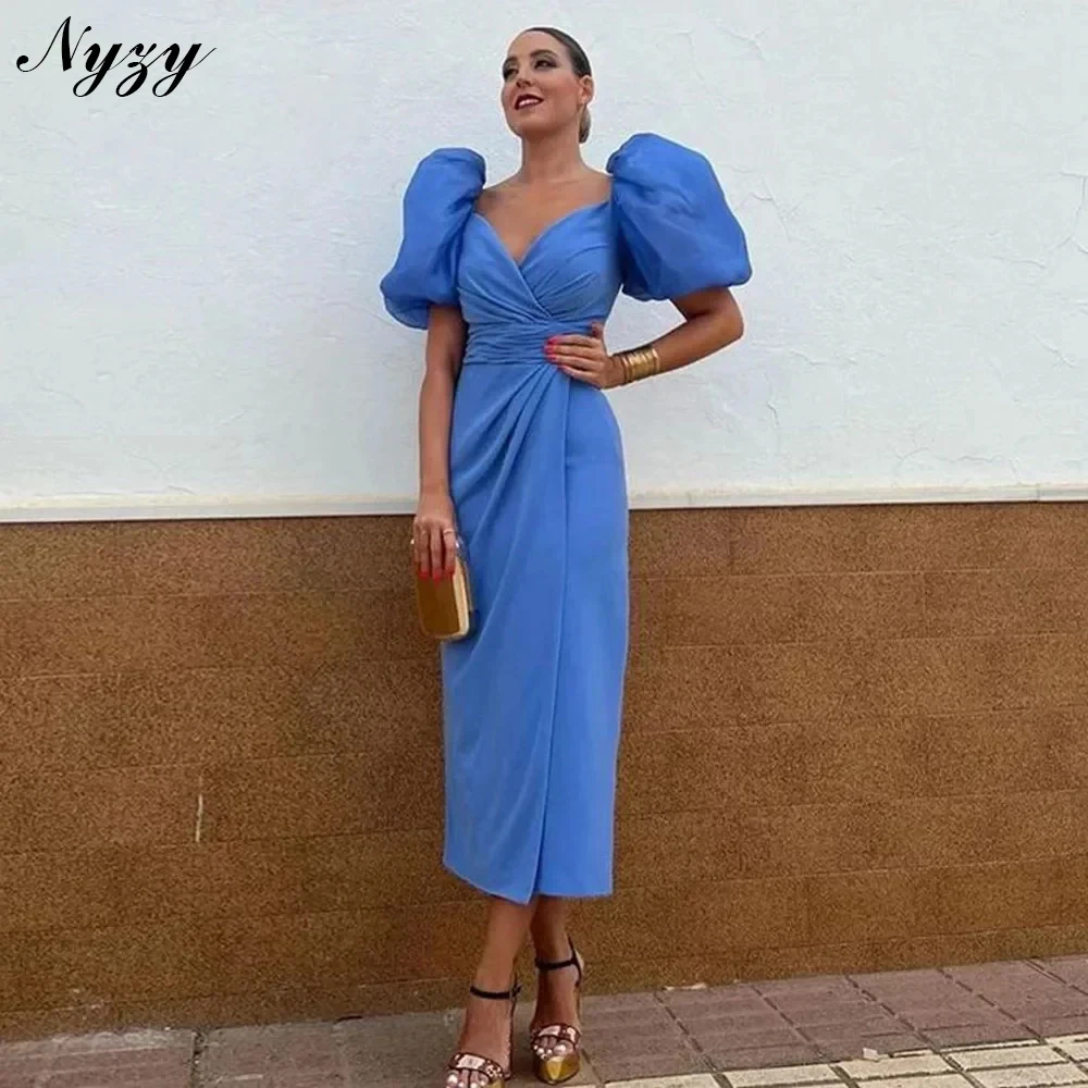 

NYZY M505 Elegant Wedding Party Evening Dresses Customized Puffy Short Sleeves Mother of the Bride Groom Dresses Tea Length 2025