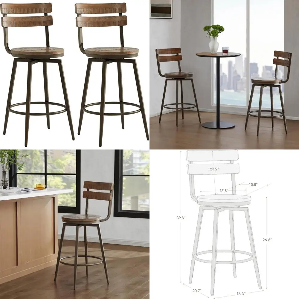 watson & whitely swivel bar stools with detachable back, 26” counter height bar stools, rustic farmhouse wood barstools set of 2