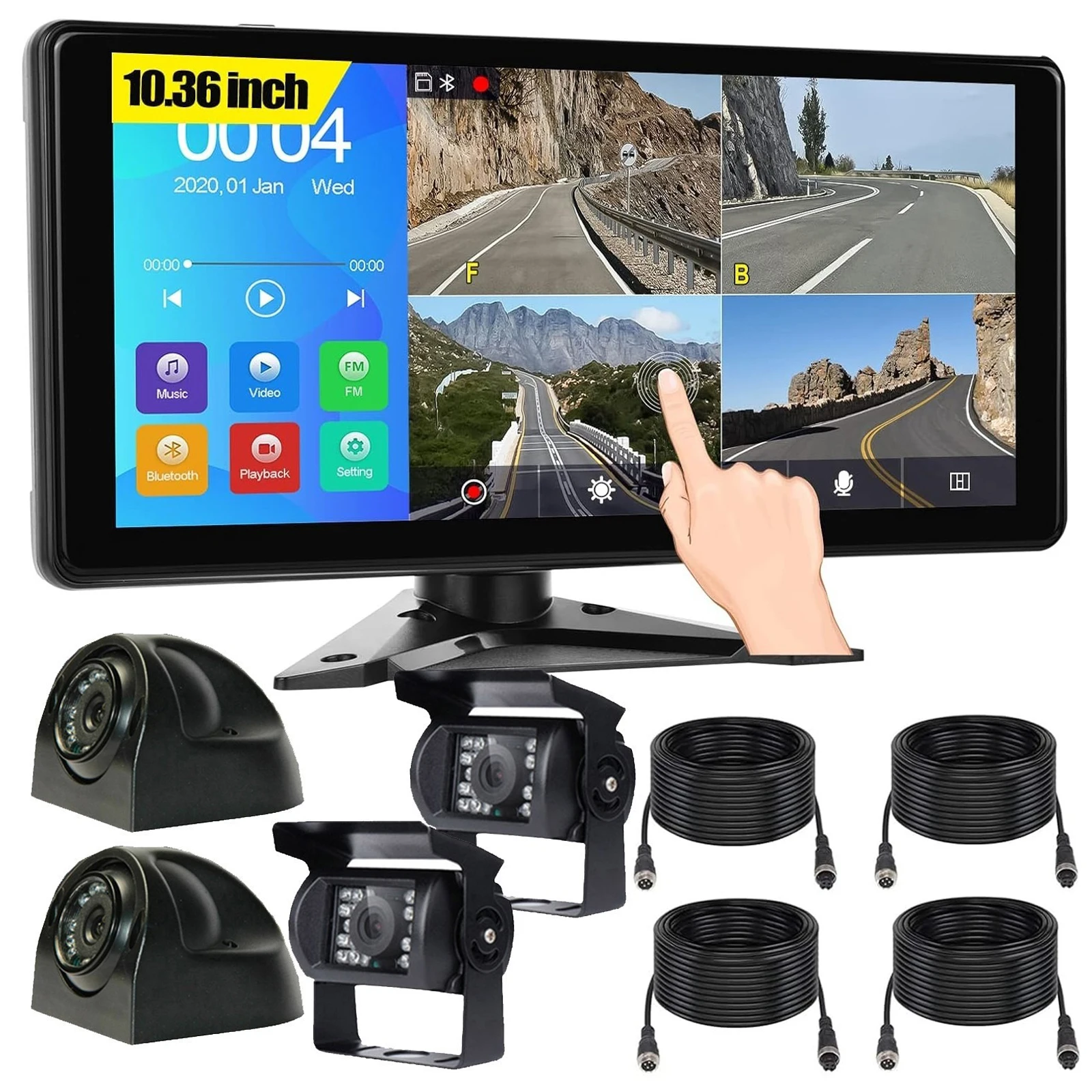 

Lastbus 4K RV Backup Camera System 360 View 10.36" Quad Split Touch Screen DVR Monitor For Caravan Truck Bus Van Trailer