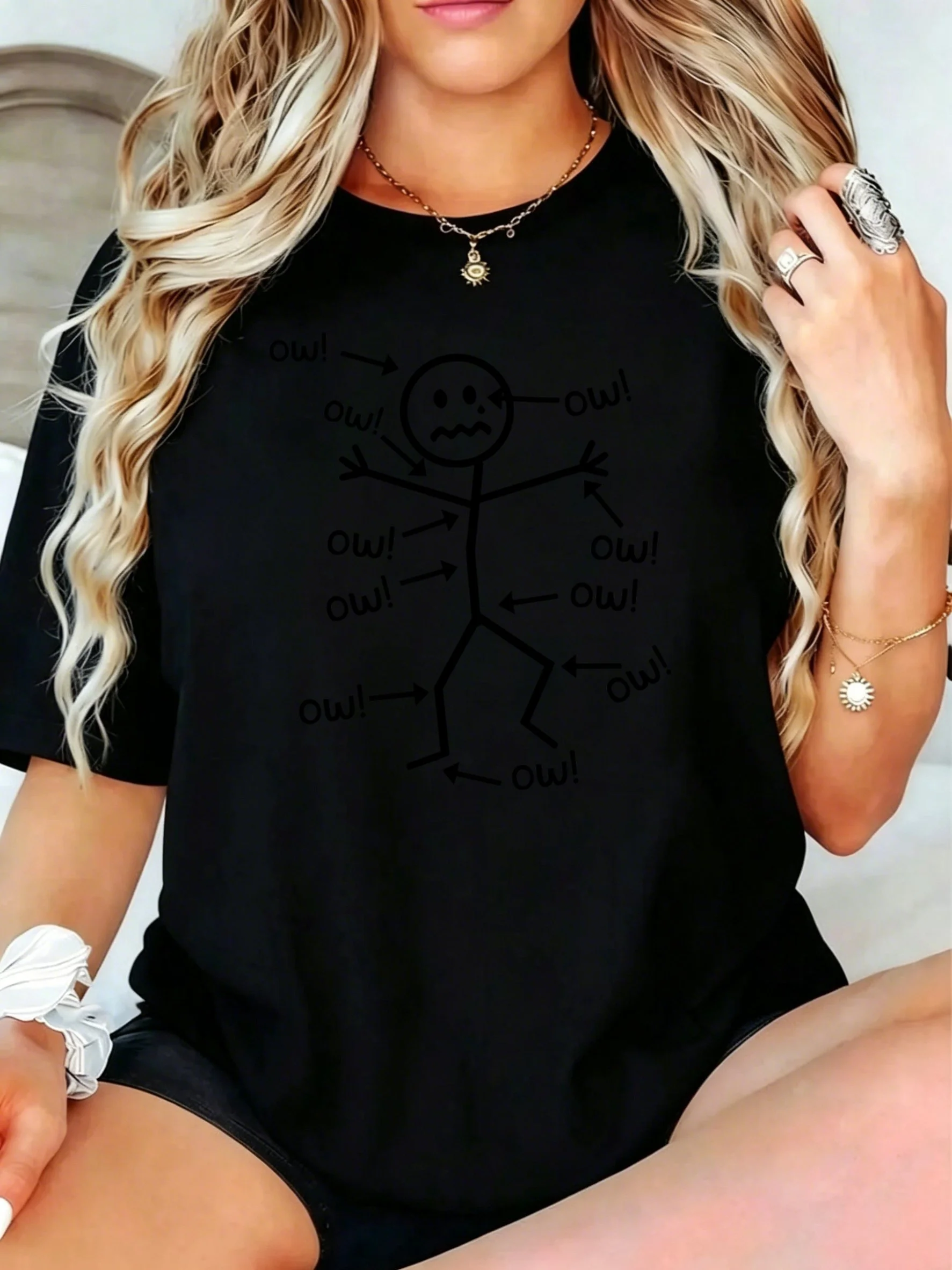 1Pcs Plus Size Women T-Shirt, Stick Figure with Ow Arrows Pointing to Body Parts Shirt, Loose Type Shirt for Women