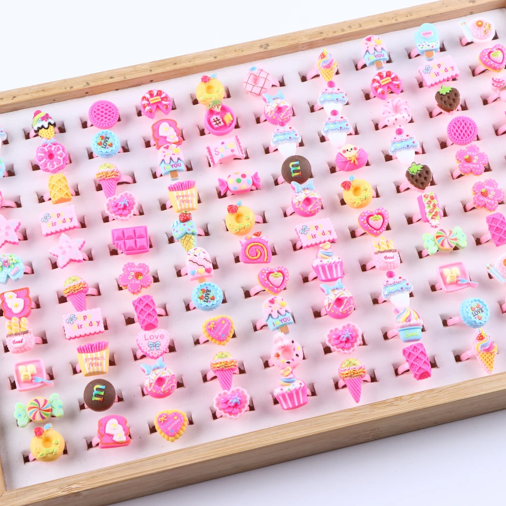 50/100 Pcs/Lot Children's Cartoon Resin Open Toy Jewelry Rings For Kid Girls Baby Mix Heart Flower Cake Cute Party Birthday Gift