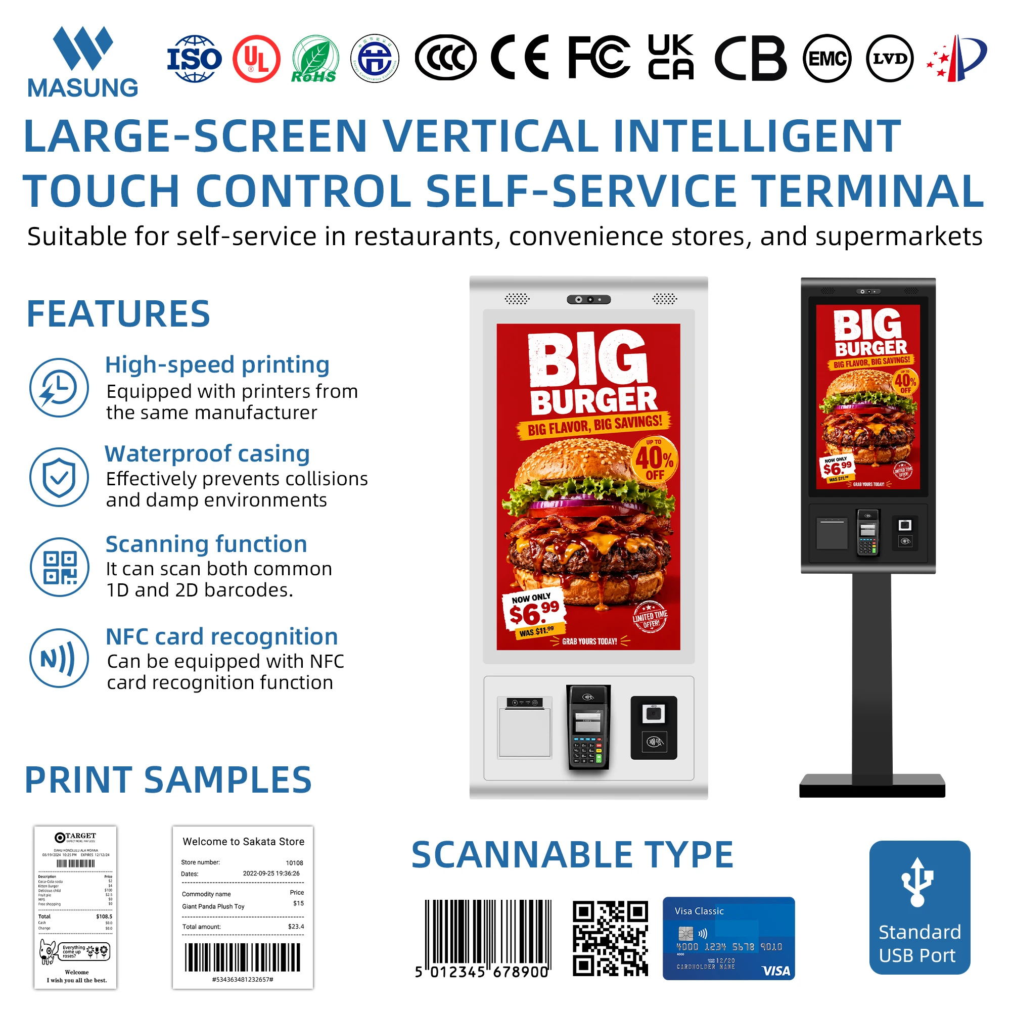 OEM/ODM MASUNG TW270-01 27 Inch Black Powder Coated Touch Screen Self-Service Kiosk with Custom Software for Hospitality Retail