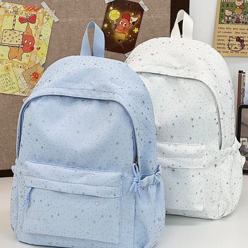 entle Light Blue Star Backpack! Shiny Silver Star Print Lightweight Large Student School Bag