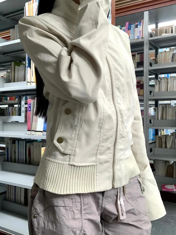 Deeptown Vintage Y2k Cropped Jackets Women Harajuku Streetwear Retro 2000s Basic Zipper Coat Long Sleeve Outerwear Grunge 90s