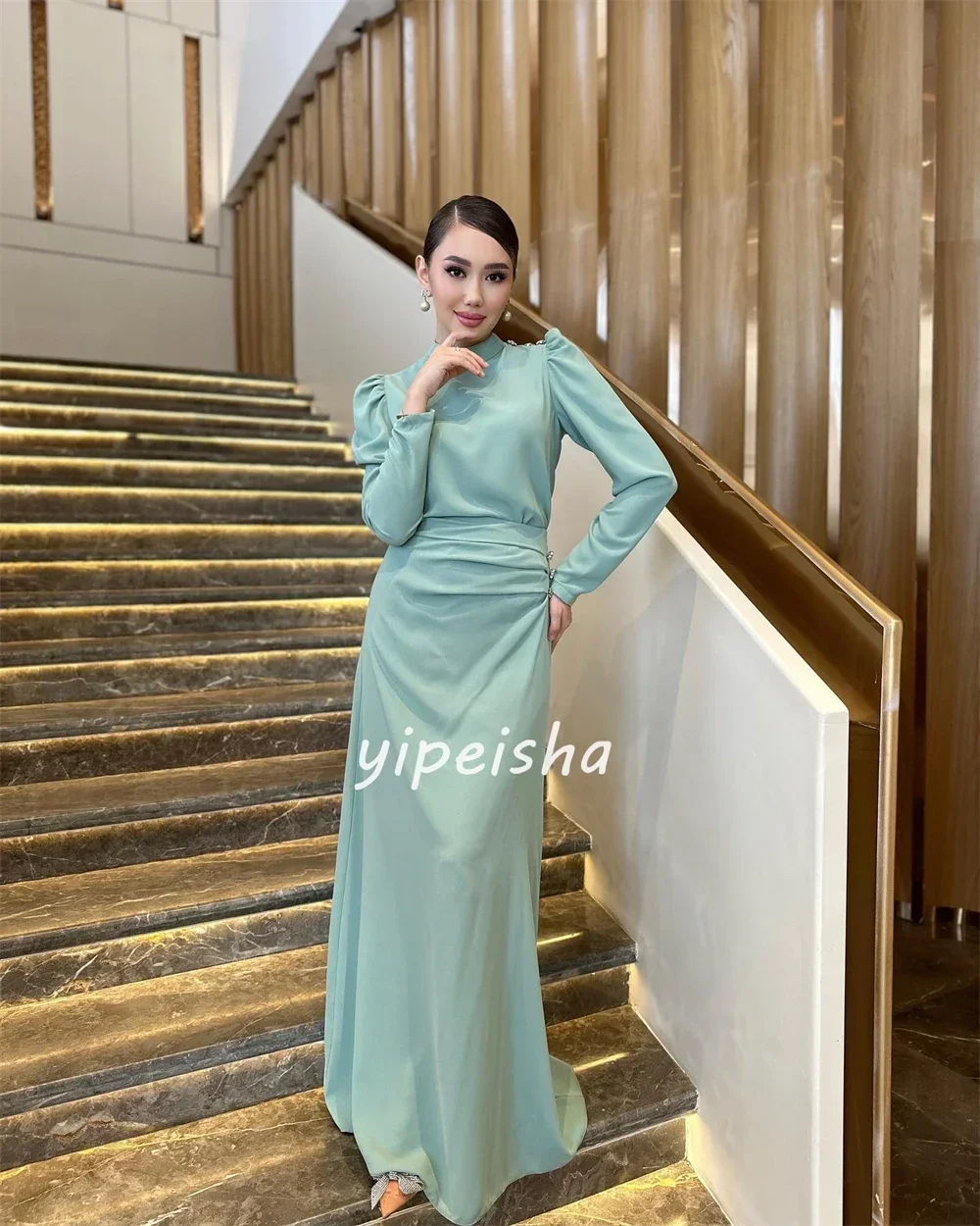 Customized Classic Jersey Sequined Ruched A-line High Collar Long Dresses Prom Dresses Exquisite Modern Style Pastrol Unisex Chi