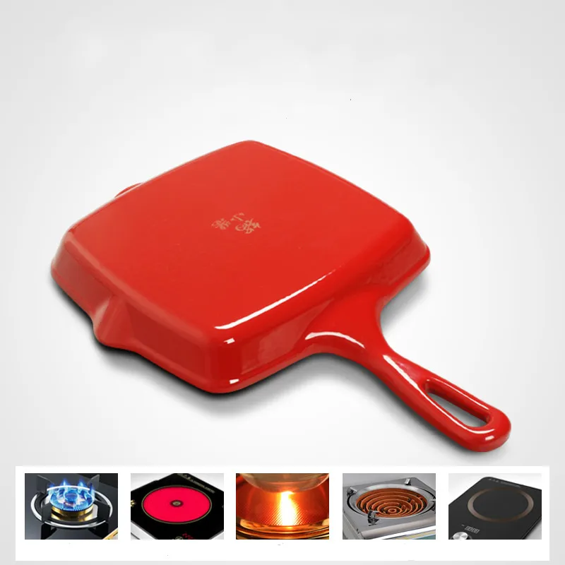 Cast Iron Enamel Pan Red Rectangular Striped Steak Pan Non Stick Pan Steak Omelet Pan Pan Breakfast Kitchen Cooking Cookware