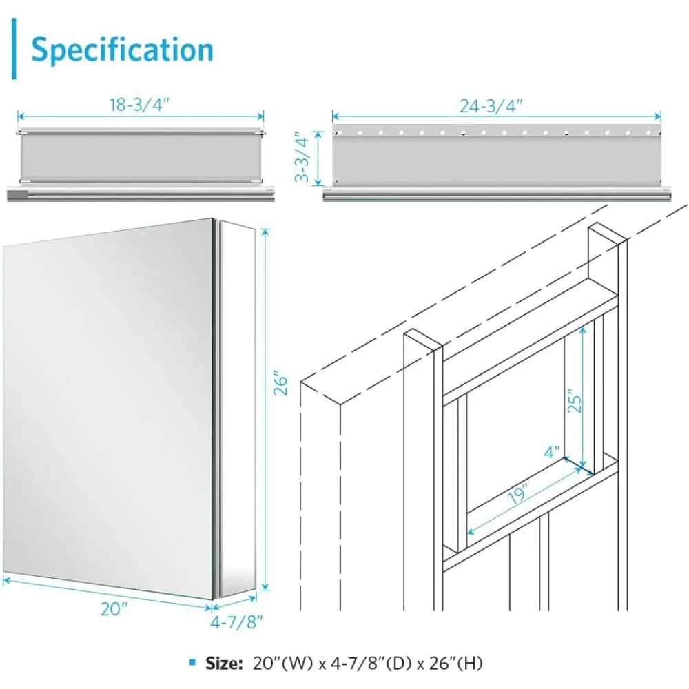 Mirrored Medicine Cabinet with Aluminum Recessed or Surface Mount, Adjustable Shelves & Full-overlay Mirrors, Mirror Cabinets