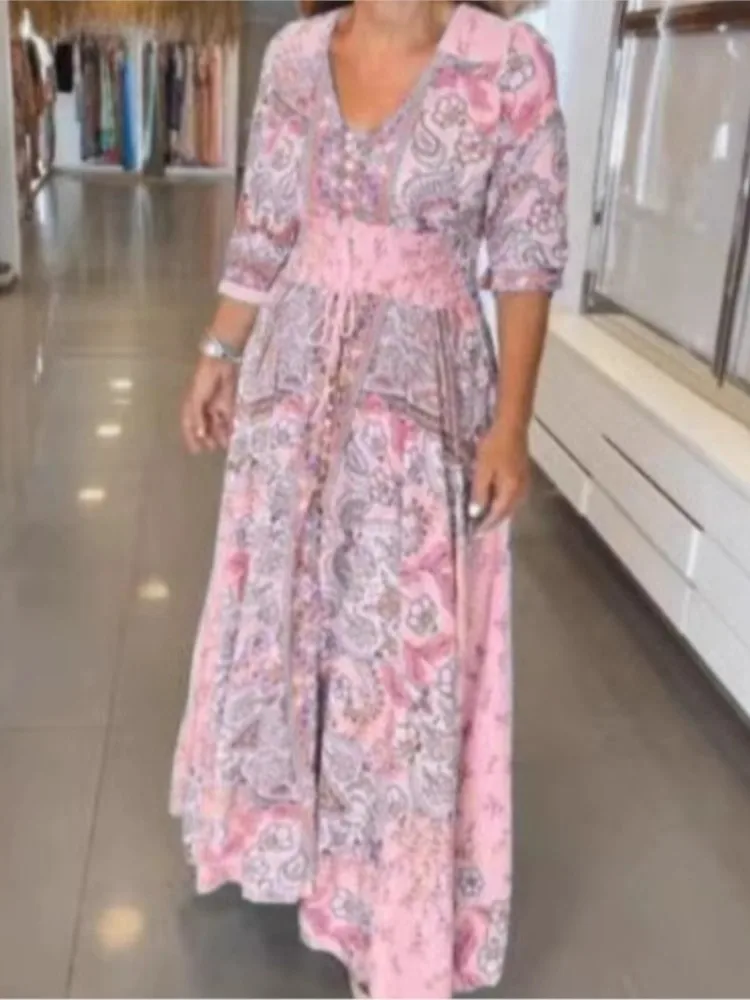 เดรสยาวสไตล์โบฮีเมียน แขนสั้น ลายพิมพ์ดอกไม้ คอวี ทรงหลวม สำหรับผู้หญิง สไตล์วินเทจ หรูหรา แฟชั่นลำลอง เหมาะสำหรับวันหยุดพักผ่อน งานปาร์ตี้ริมชายหาด