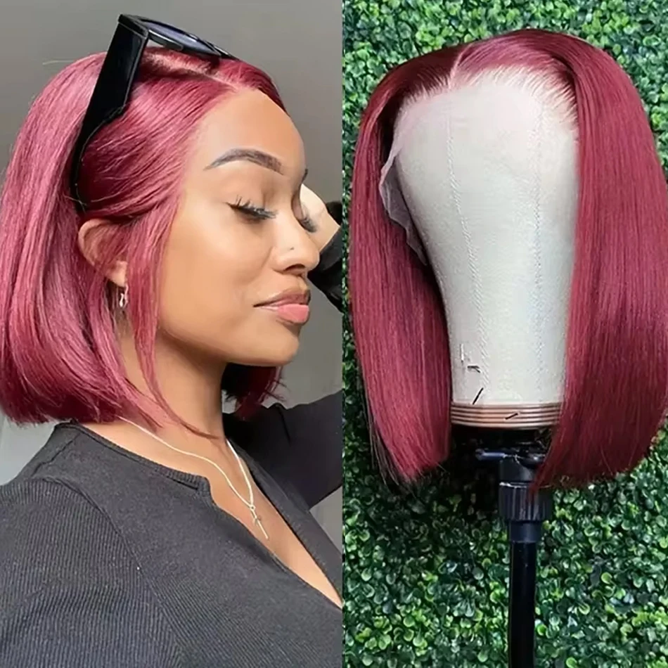 230% Density 99J Burgundy Bone Straight Short Bob 13x4 Lace Frontal Wigs Red Colored 100% Human Hair Transparent Lace Closure Front Wig 12 14 Inch