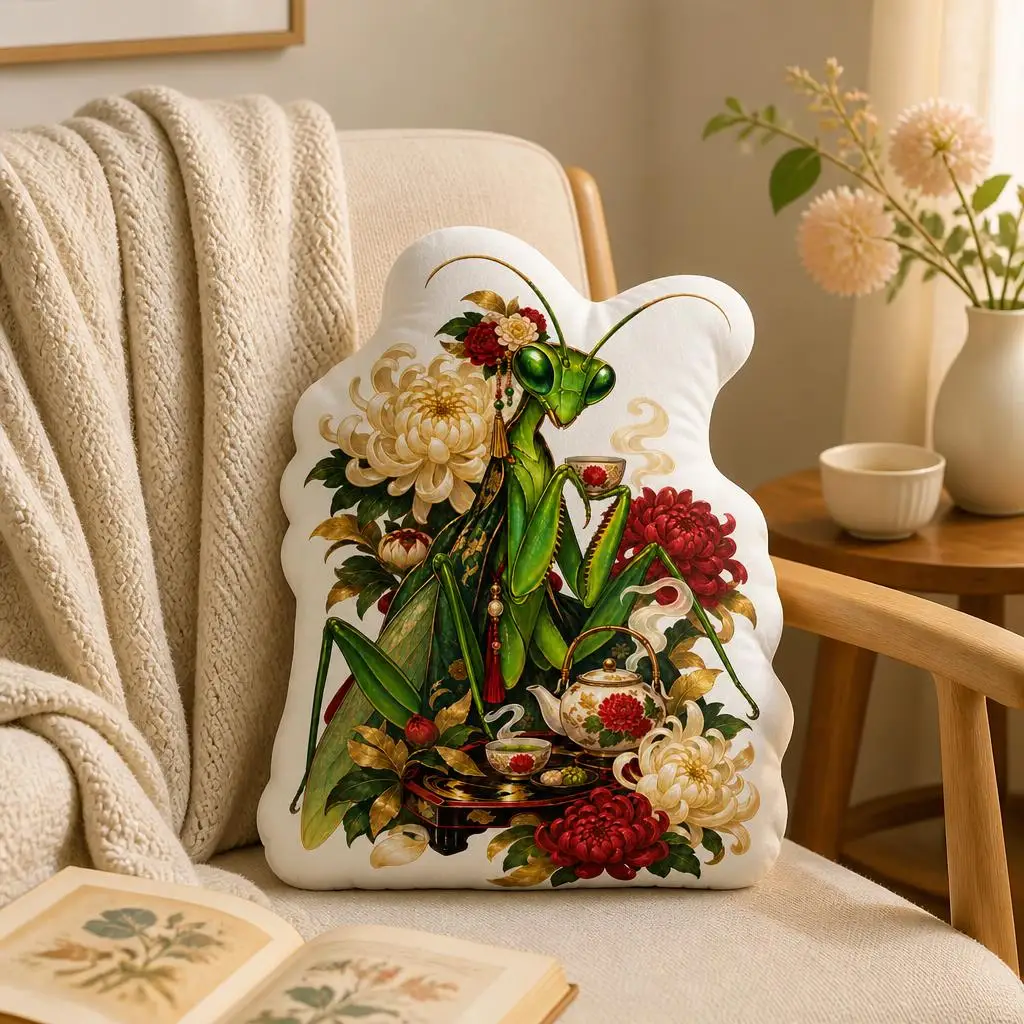 Praying Mantis Tea Ceremony Throw Pillow Floral Insect Cushion Irregular Stuffed Decorative Pillow for Home Decor Gift Sofa
