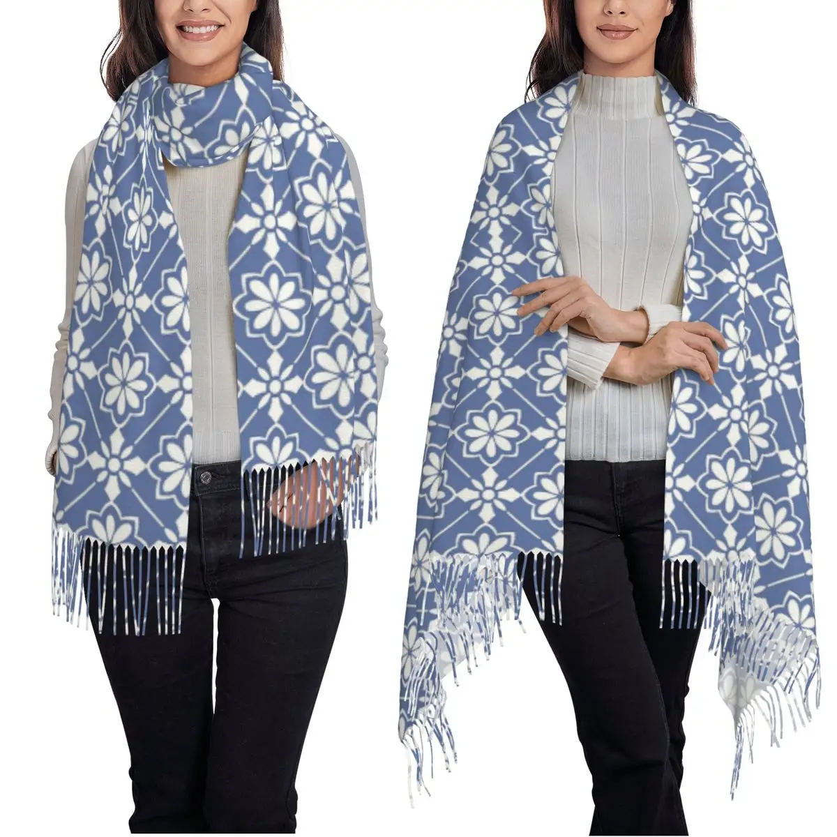 Modelli geometrici di fiori Sciarpa Sciarpe con nappe Donna Scialli e stole morbidi e caldi Grande scialle autunno inverno