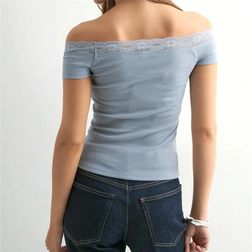 Mulheres rendas guarnição fora do ombro topos verão fino ajuste ruched manga curta recortada camisetas casual cor sólida camiseta para streetwear y2k