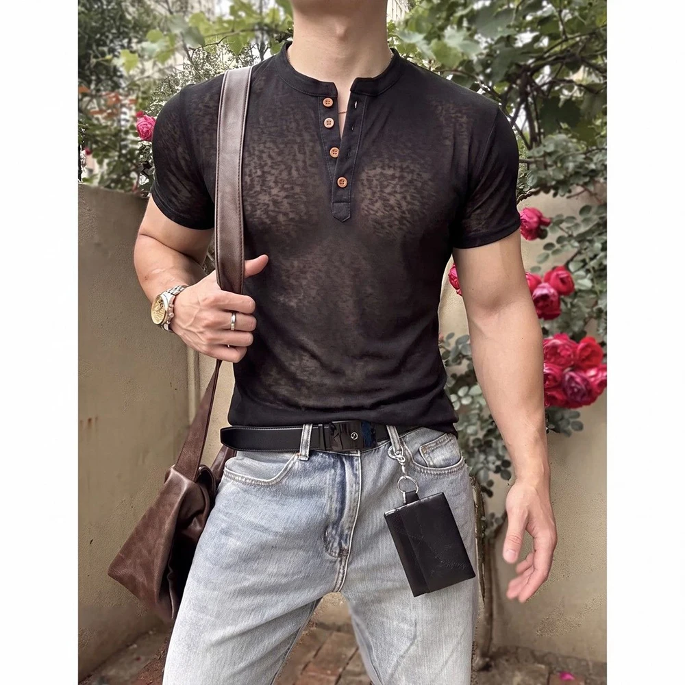 Mens Slim Lightweight Fitness Short Sleeve T Shirt Summer Streetwear Fashion Breath Nightclub Gym Casual City Boy Activewear