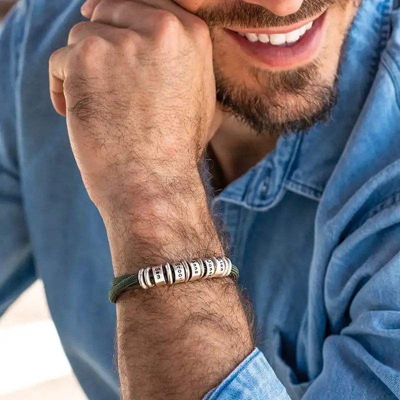 PolishedPlus Customized Bracelet Titanium Steel Braided Rope Men's Custom Letter Name Beaded Personalized Dad Birthday Gift