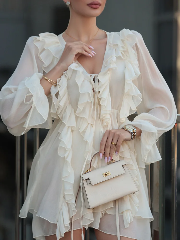 

2026 New Female Slim Bodycon Dress Women Patchwork See-Through Elegant Lace-Up Evening Dress White Chiffon Ruffled Mini Dress