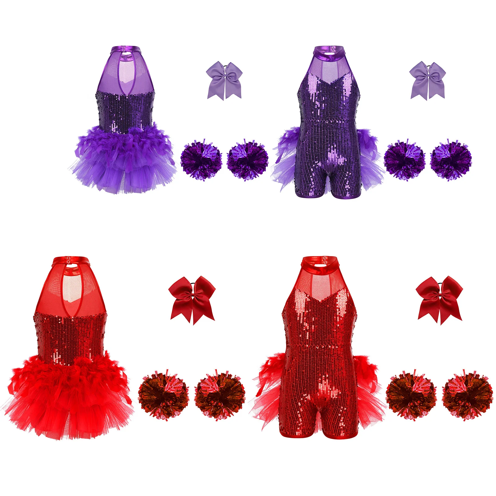 Kids Cheer Dance Outfits Cheerleader Uniform 5-16y Girls Cheerleading Costume Sleeveless Mock Neck Sequins Leotard Flower Balls
