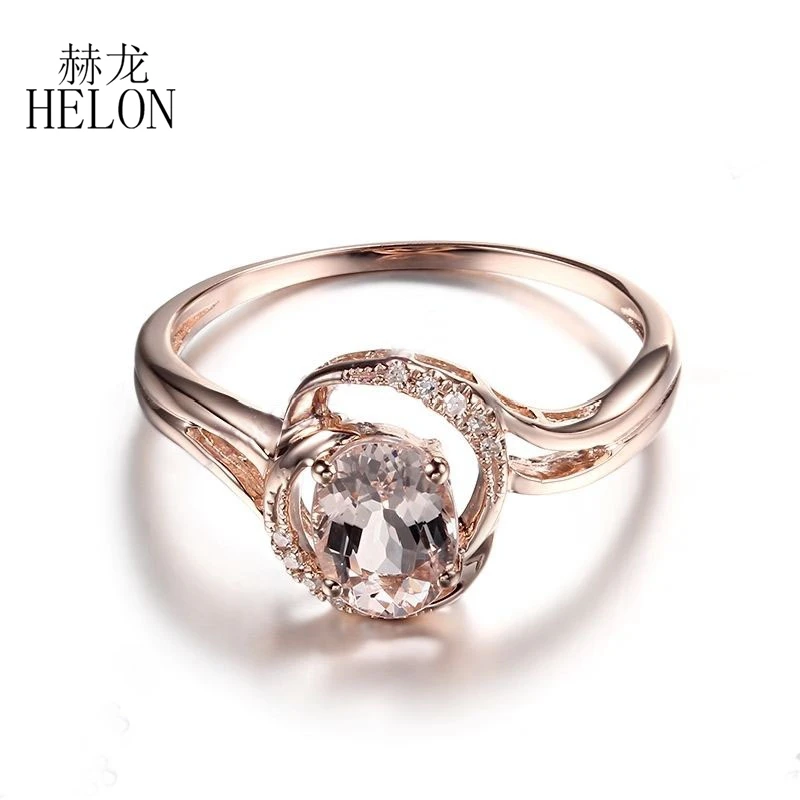 HELON Solid 14K Rose Gold Oval 7x5mm Natural Morganite Diamond Engagement Ring Women Fine Jewelry Unique Wedding Anniversary