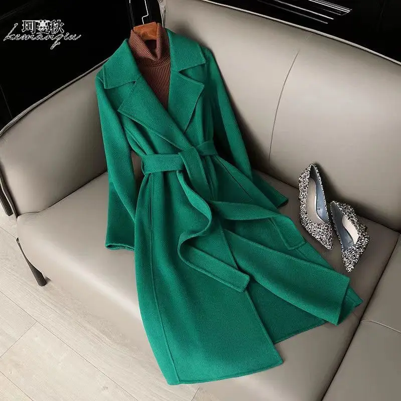 

Casual Long Coat Sleeve Warm s Solid Color Fashion Cashmere Women's Knee-length Belt Woolen Winter V19