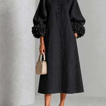 Elegant Women Linen Midi Dress O Neck 3D Floral Lantern Sleeve Button Loose Straight Long Dress Modest Casual Party Dresses 4