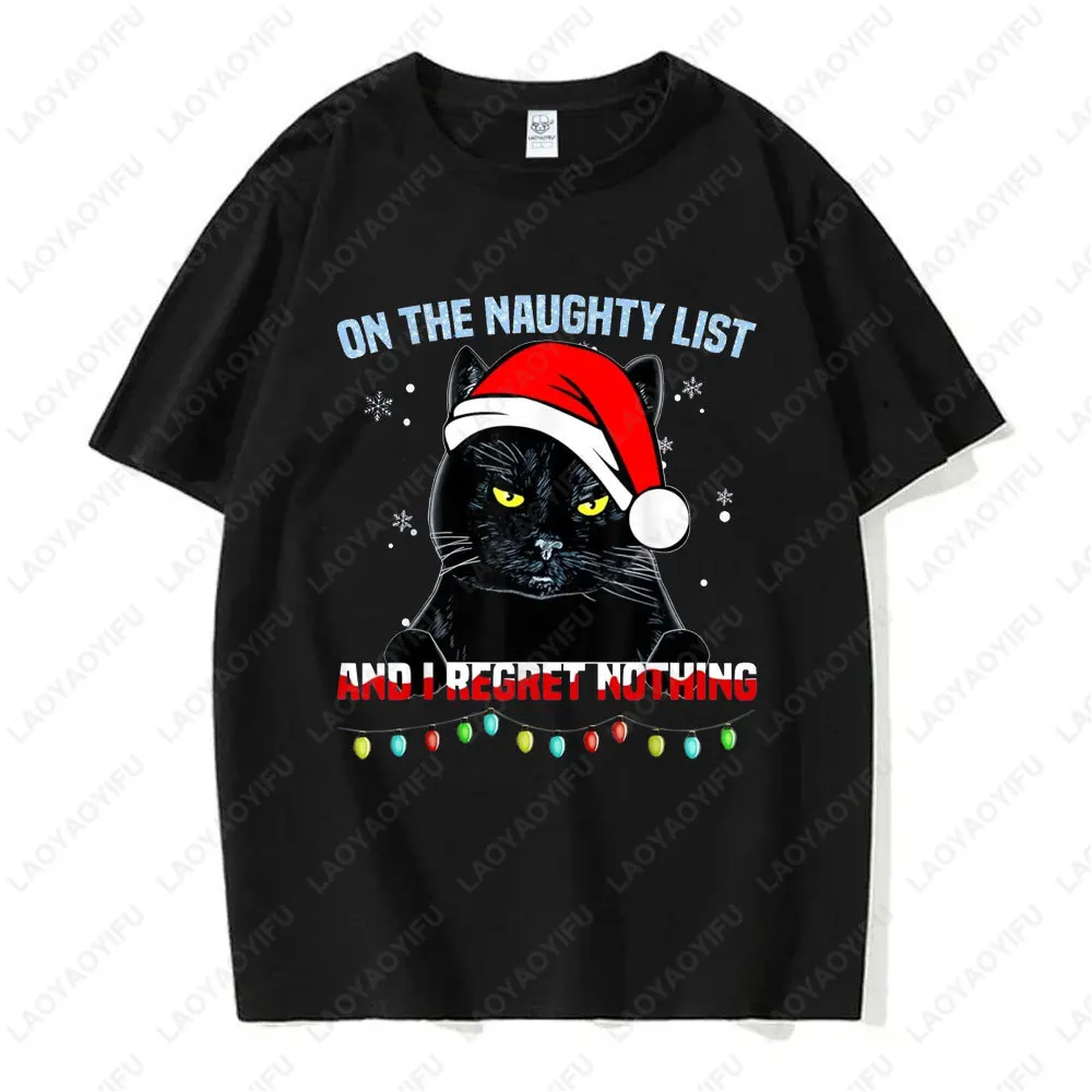 Funny Christmas Cat Graphic T-Shirt on The Naughty List Holiday Santa Gift Unisex Cotton Fashion Tees Retro Casual Style Tops