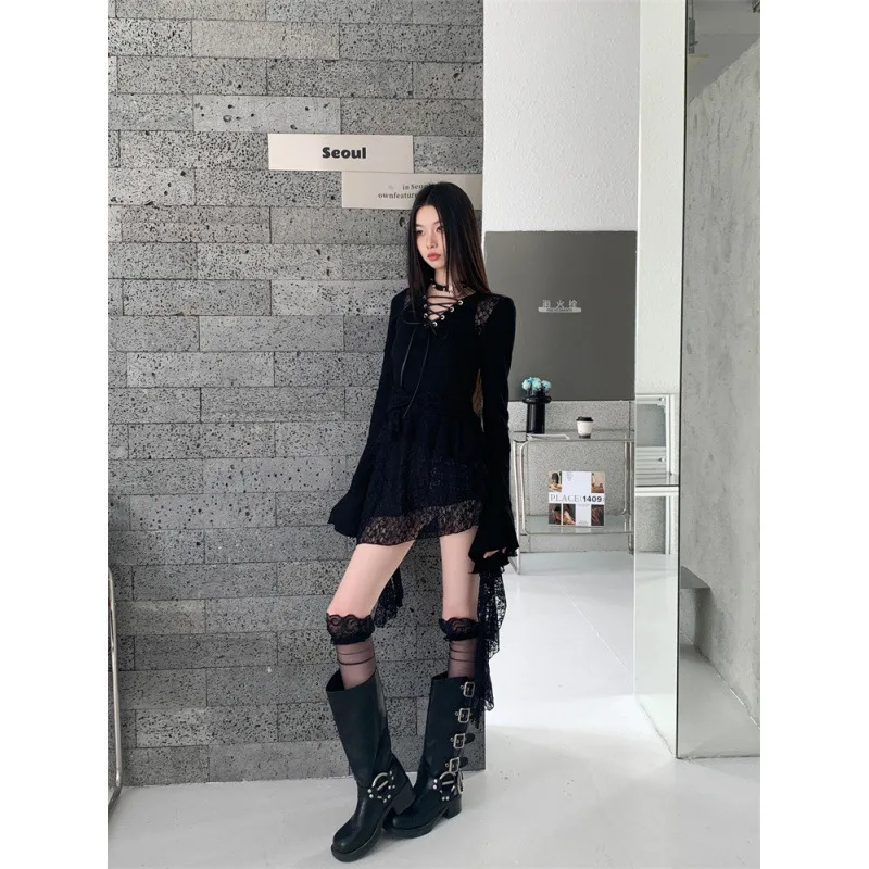 Minivestido de noche negro con paneles de encaje de punto Irregular Vintage, vestido gótico Punk con cuello en V, mangas con volantes, corte en A