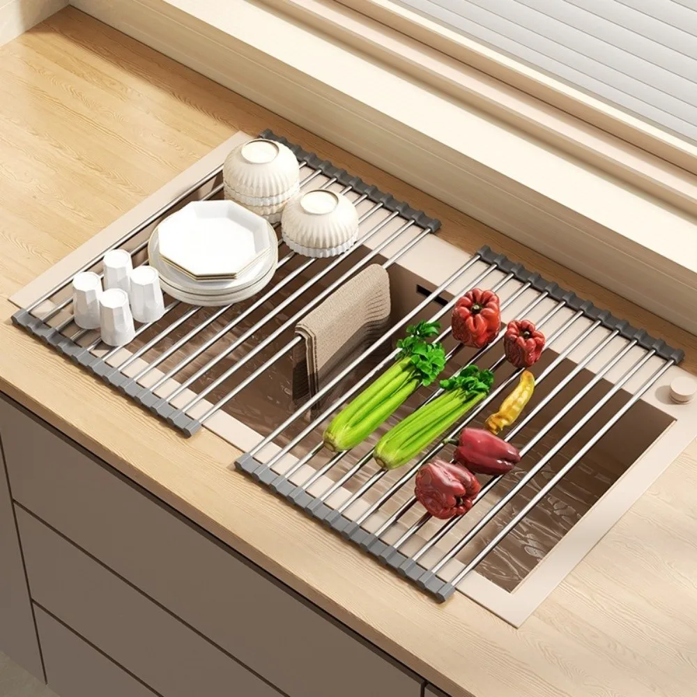 Rustproof Sink Drain Rack Space Saving Multi-Functional Dish Drainer Foldable Easy Clean Kitchen Sink Organizer Over Sink