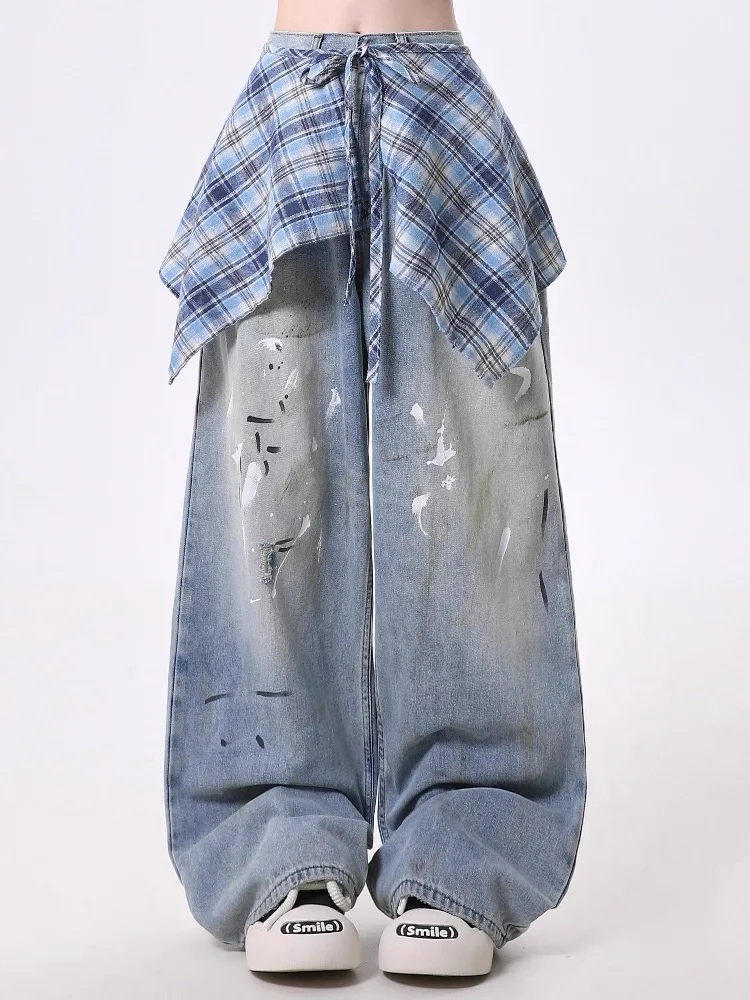 Detachable Splatter Print Drop Tail Jeans Women Summer Streetwear Wide Leg Trousers Loose Trendy Denim Pants Y2K Style