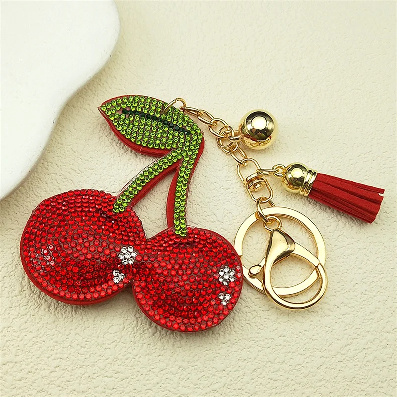Lindo fruta fresca cereza llavero anillo para Mujeres Hombres rojo Rhinestone caliente verano bolsa encanto decoración llavero joyería regalos