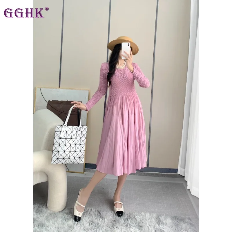 

GGHK Pleated Women Casual Dress 2024 Spring Fall New Solid Color Round Neck Long Sleeve Loose Large Size Design Elegant Dresses