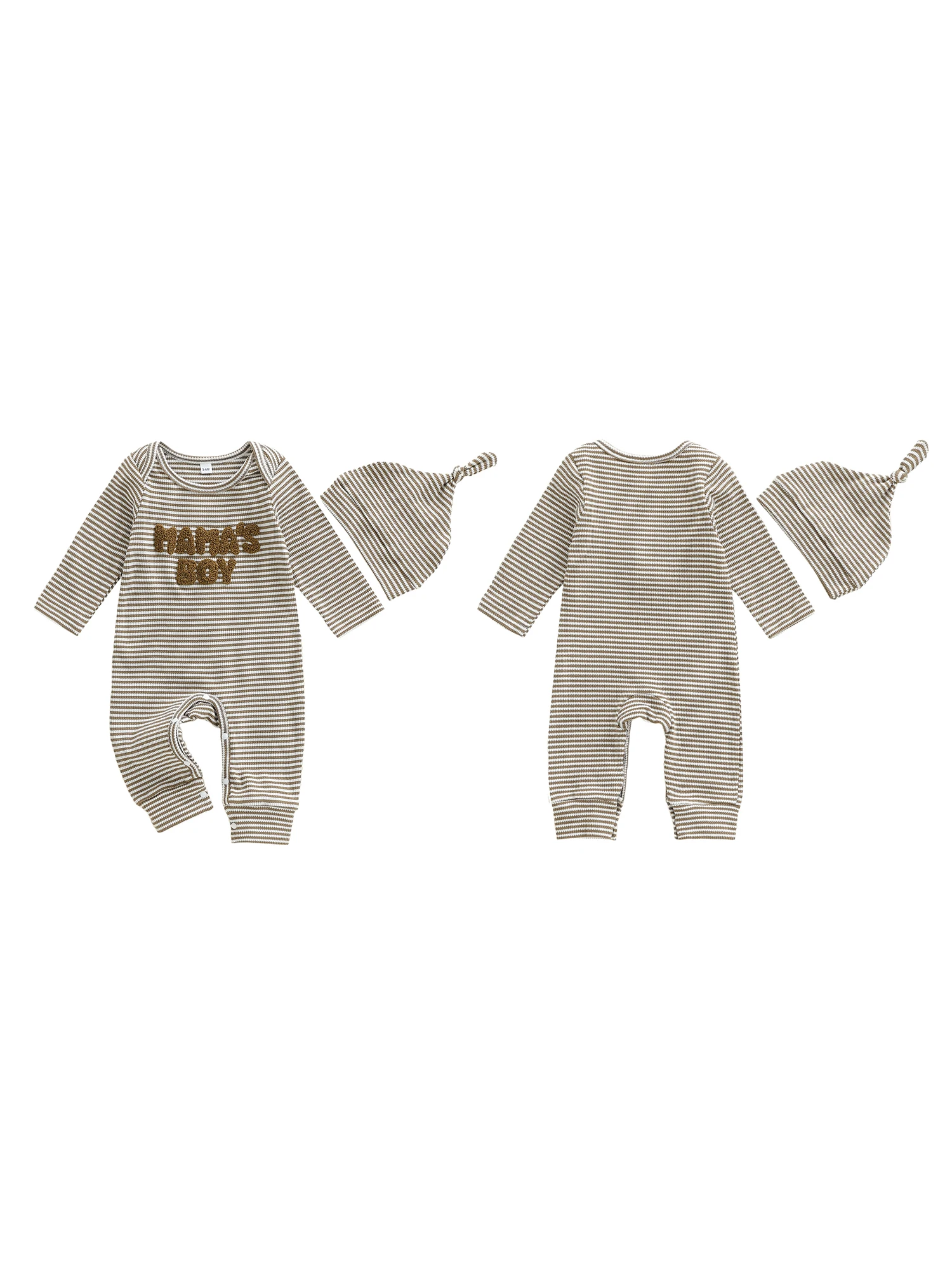 Bayi Laki-laki Musim Gugur Bergaris dengan Inisial Bordir Lengan Panjang Leher Bulat dan Topi yang Serasi untuk Tampilan yang Nyaman