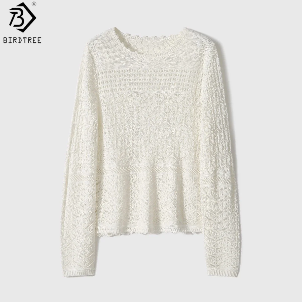 

Birdtree 10% Sheep Wool 5% Mulberry Silk Knit Hollow Sweater,Woman Wool Silk Blend White Full Sleeve Autumn Sweater T58829JF