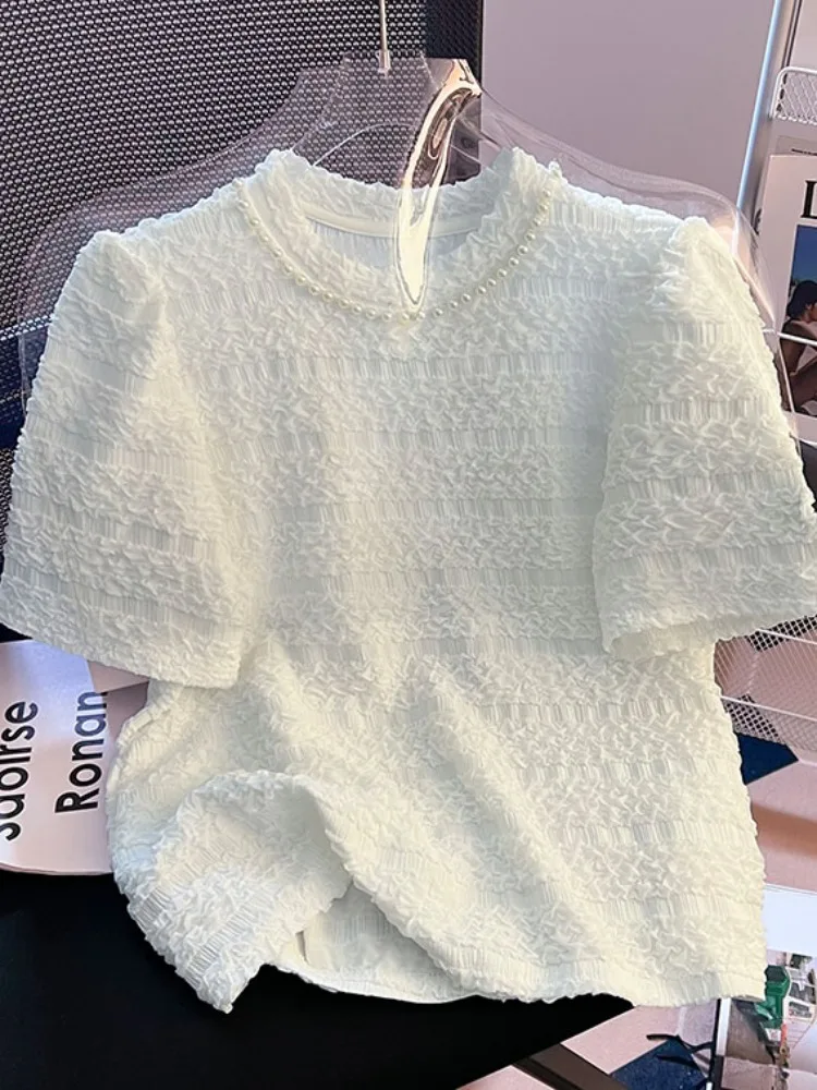 

Женская летняя футболка Heavy Embellied Bubble ort Sve round Ne, новый дизайн, облегающий топ ort Length, корейская кроватка...