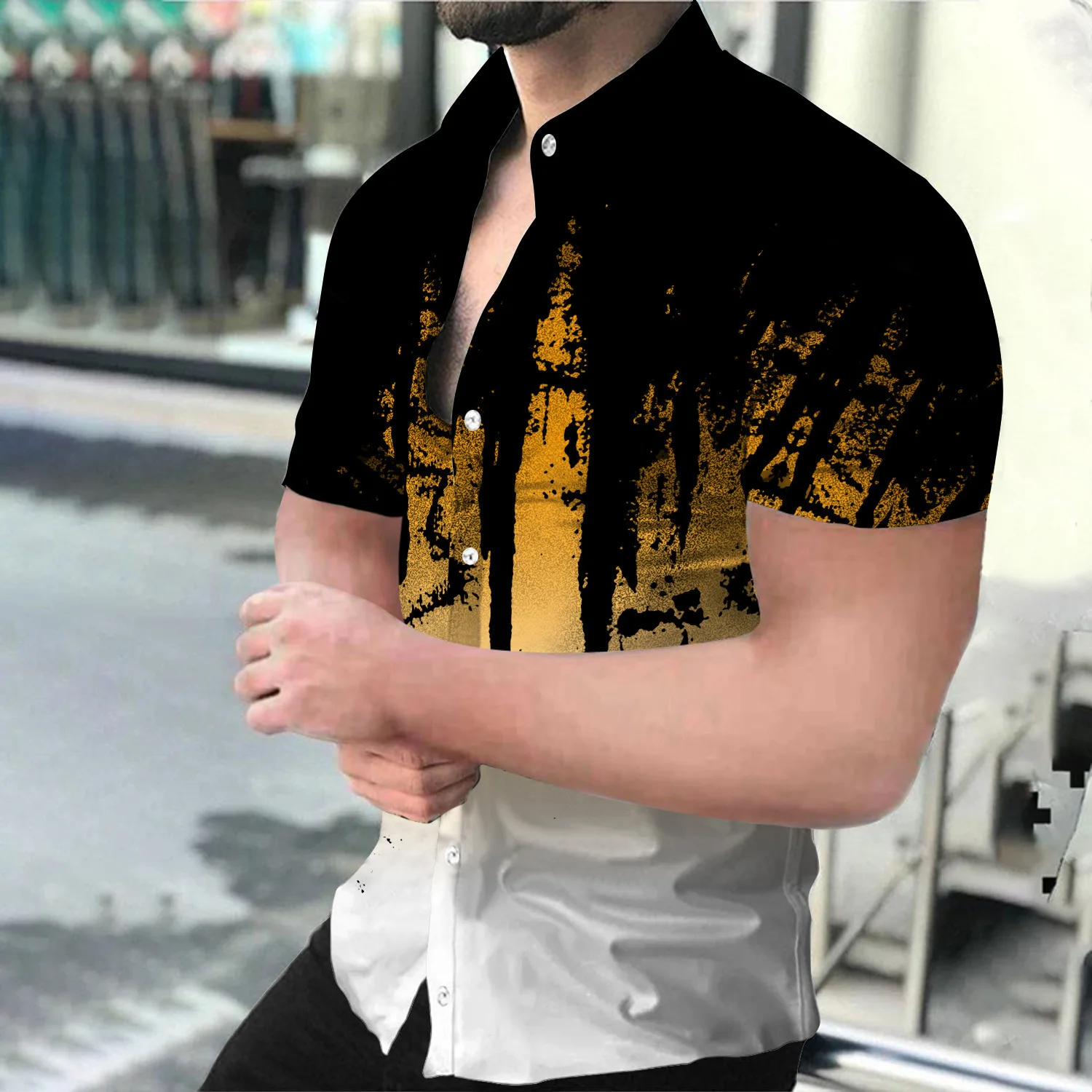 

Мужская модная рубашка с коротким рукавом и воротником с художественным принтом, повседневная, удобная, дышащая, стильный дизайн