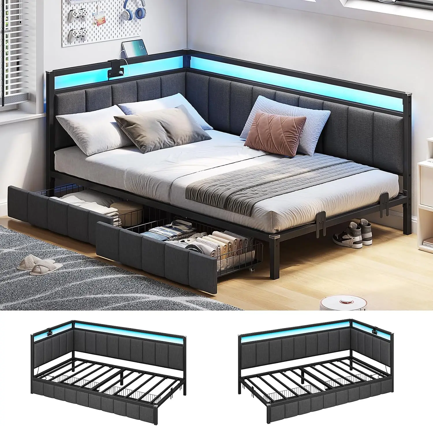 Corner Bed Frame with Storage Drawers, Twin Daybed with Line Fabric Upholstered Fence, Kids Bed Unit with LED Light