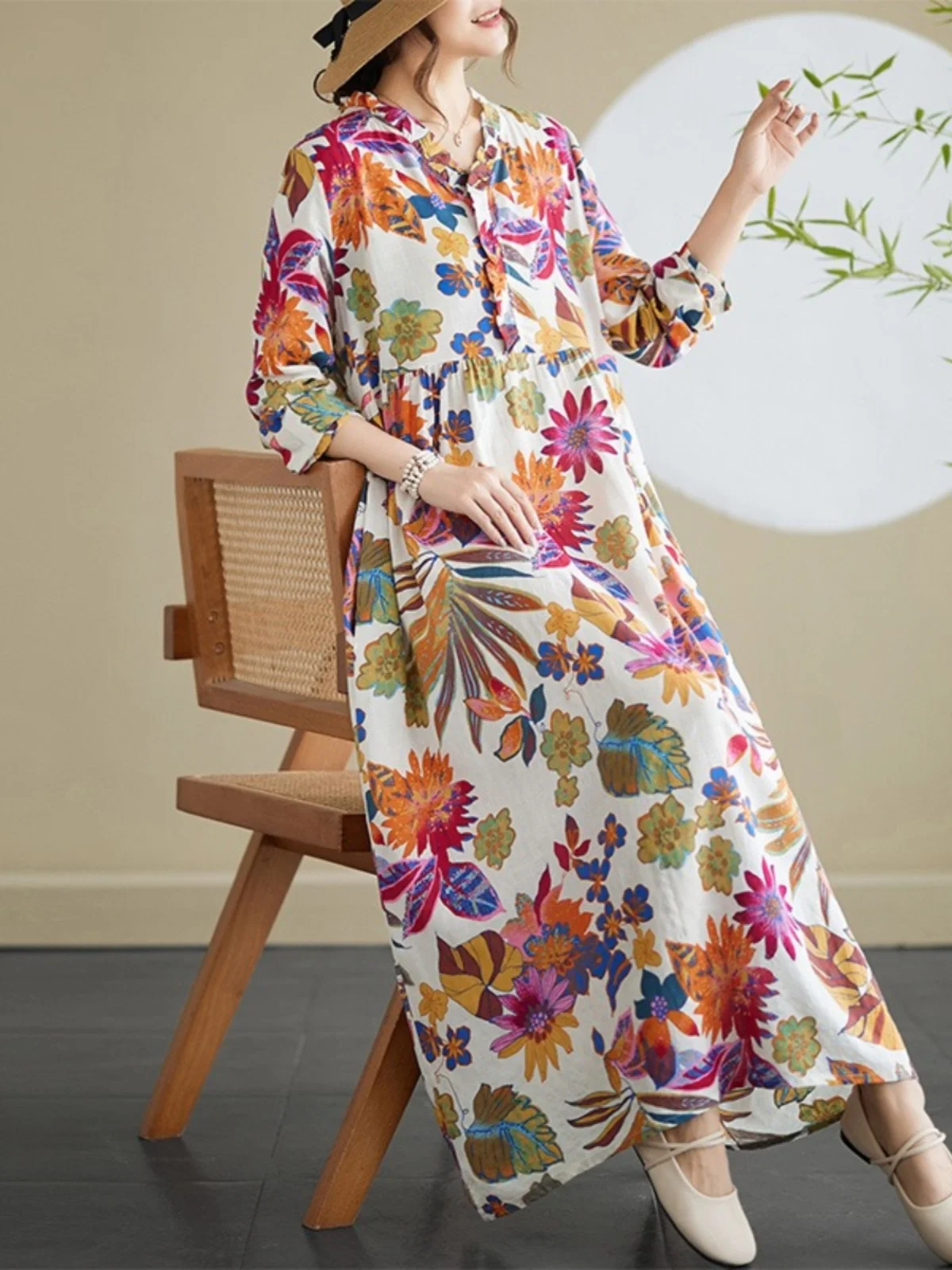 레트로 레이스 브이넥 코튼 린넨 드레스 여성용 봄 가을 루즈 슬림 캐주얼 롱 슬리브 맥시 플로럴 롱 드레스