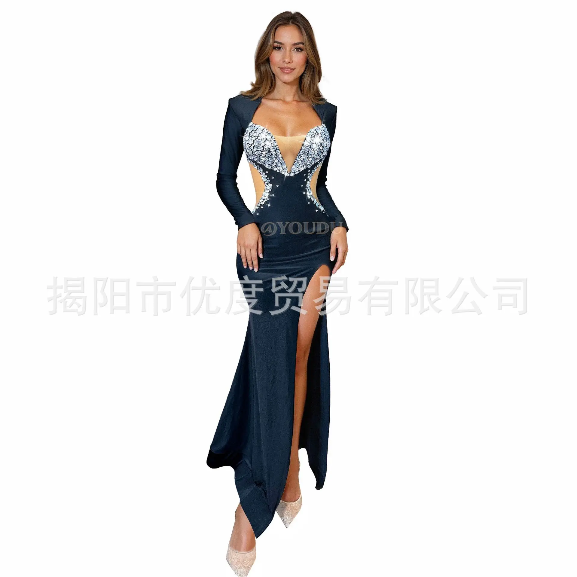 Black Velvet Evening Dress Trailing Long Silver Rhinestone Sparkling Cocktail Party Dress Birthday Party Costume Mullet Vestidos
