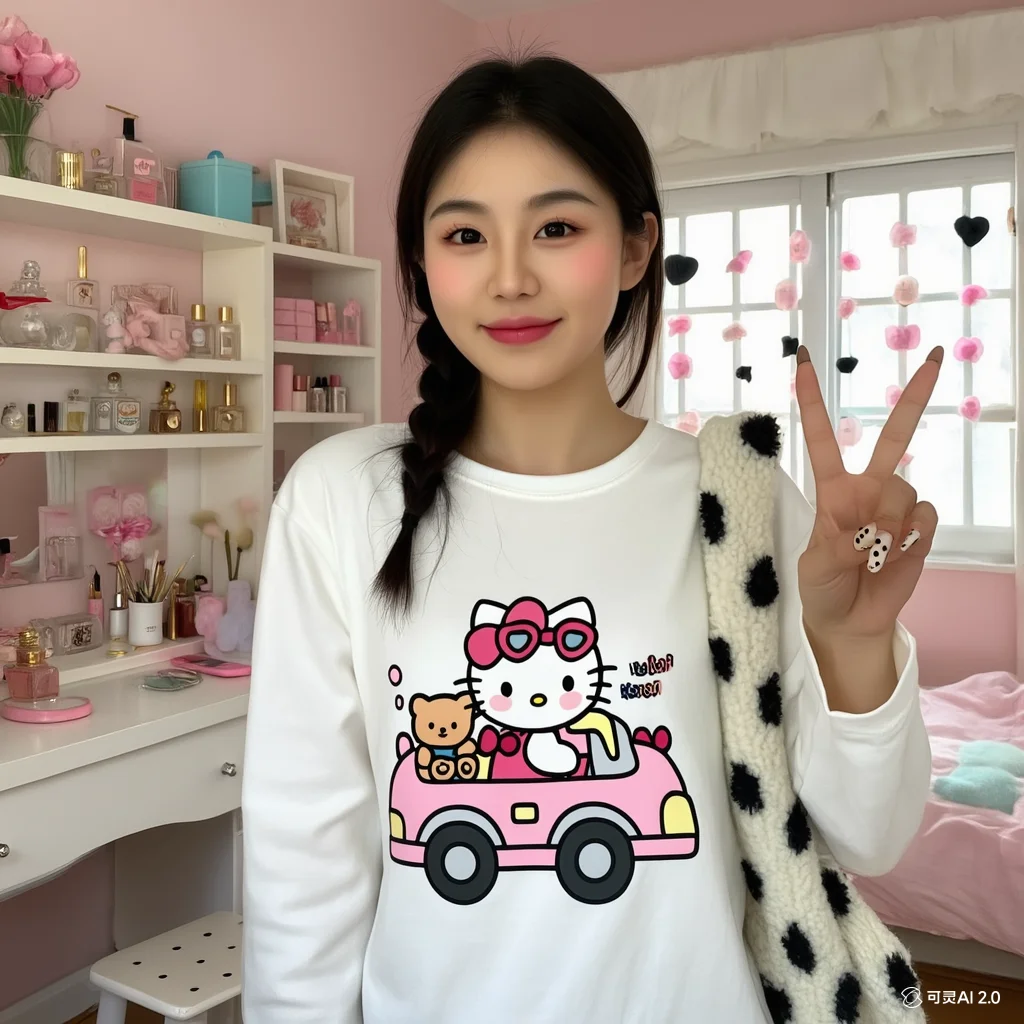 Hello Kittys Frische Literatur, runder Kragen, süßer Kawaii-Trend, koreanische Version, Literatur, Retro, lange Ärmel, Druck, All-Match