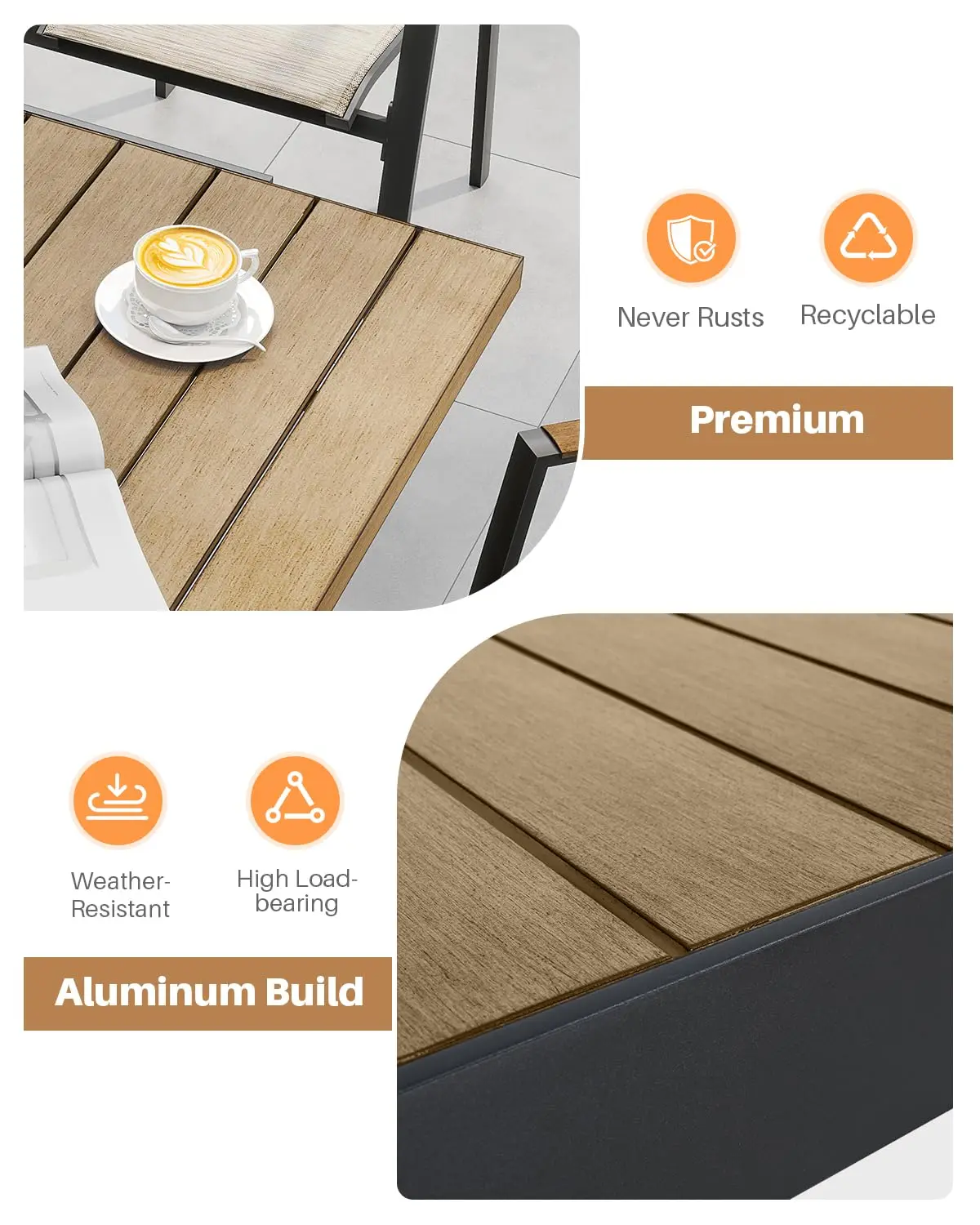 Teak Expandable Table 8-Seater, Rust-Proof Aluminum Patio Table 63