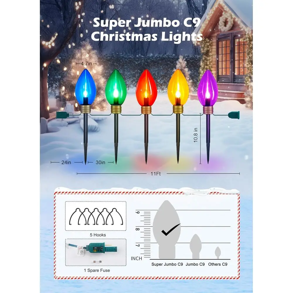 11ft 5 LED جامبو C9 أضواء عيد الميلاد في الهواء الطلق للمسار والحديقة، زينة متعددة الألوان مقاومة للماء لساحة العطلات والحديقة