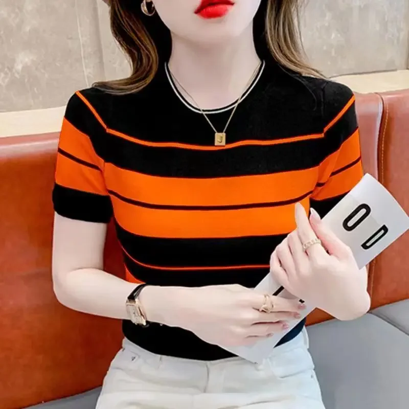2025 Summer New Round Neck T-shirt Short Sleeve Comfortable Casual Women's Thin Striped Knit Sweater Thin Top