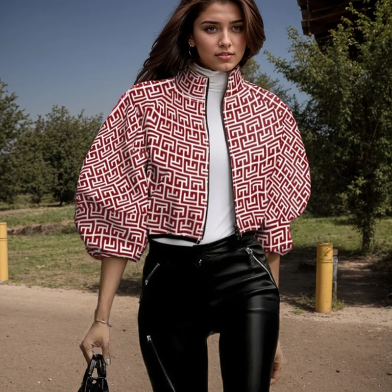 Fashion Short Thin Female Jackets High Street Turtleneck Polka Dot Pattern Zipper Short Jackets Trend Lantern Sleeve Zipper Coat