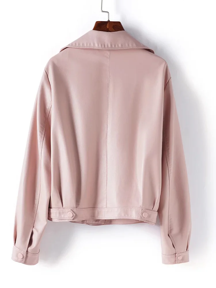 New Women Split Leather Short Coat Spring Autumn Fashion Turn-down Collar Long Sleeve Leather Jacket Simplicity Sweet Jacket view 2