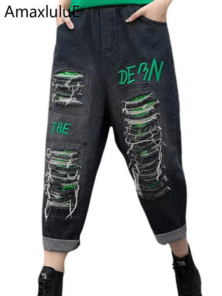 

Amax luluE Fashion Vintage Denim Pants Ladies 2024 Classic Holes Streetwear Jeans Womens Casual Spring Embroidery Harem Trousers