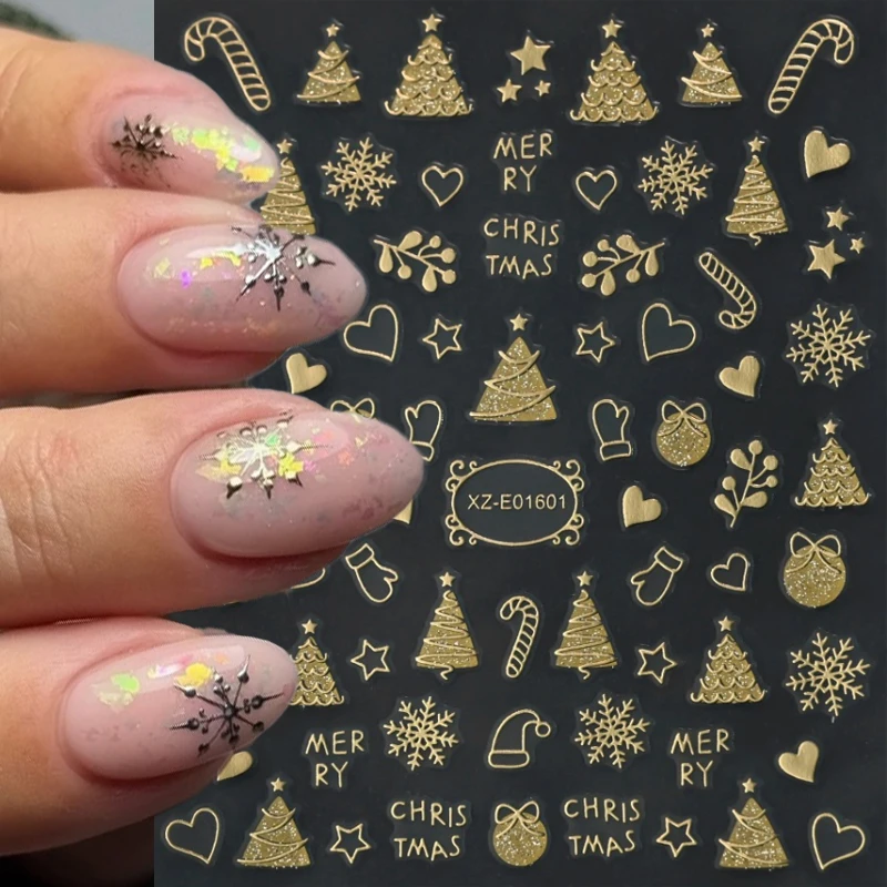 2 Sheets Christmas Nail Art Stickers Gold Snowflake Nail Decals Winter Xmas Bell Tree Elk Xmas 3D Self-adhesive Maniucre Decors