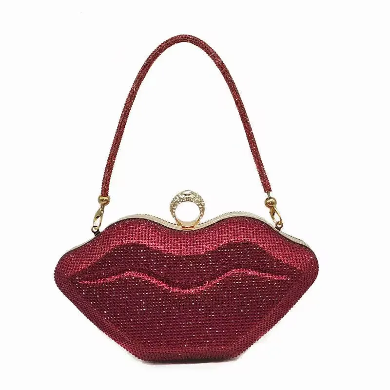 

Luxury Stylish Diamond Evening Bag Sexy Lips Crystal Clutch Bag 2024 New Party Tote Purse Bride Wedding Handbag with Metal Chain