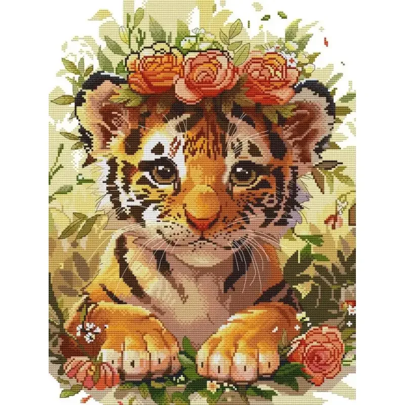 Tiger with Garland Animal Pattern Cross Stitch DIY Hand Embroidery Aida 14ct 16ct 11ct White Canvas Printed Fabric Sewing Kits