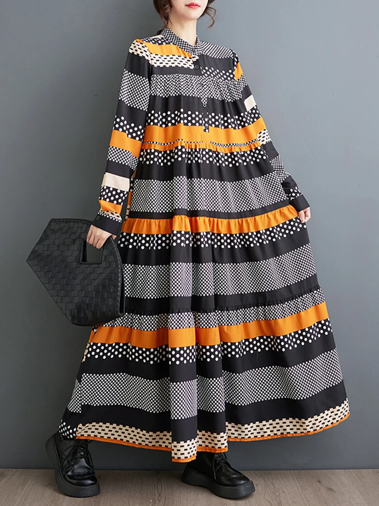 2024 primavera autunno nuovo Patchwork manica lunga stampa Vintage abiti lunghi per le donne abito Casual allentato moda abbigliamento elegante