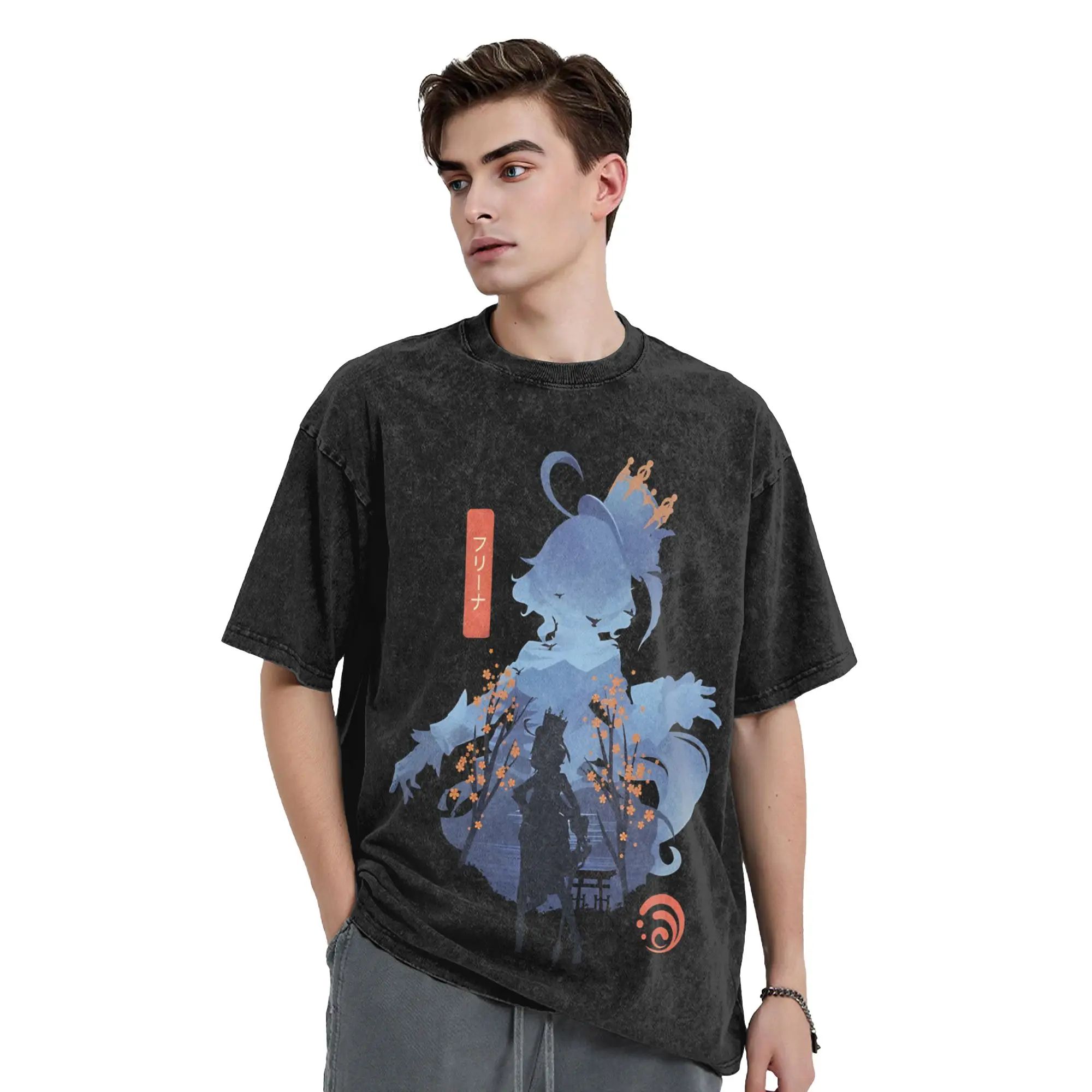 Washed T Shirt Furina Hip Hop Vintage T-Shirts Harajuku Genshin Impact Game Streetwear Cotton Summer Tops Tees Men Women
