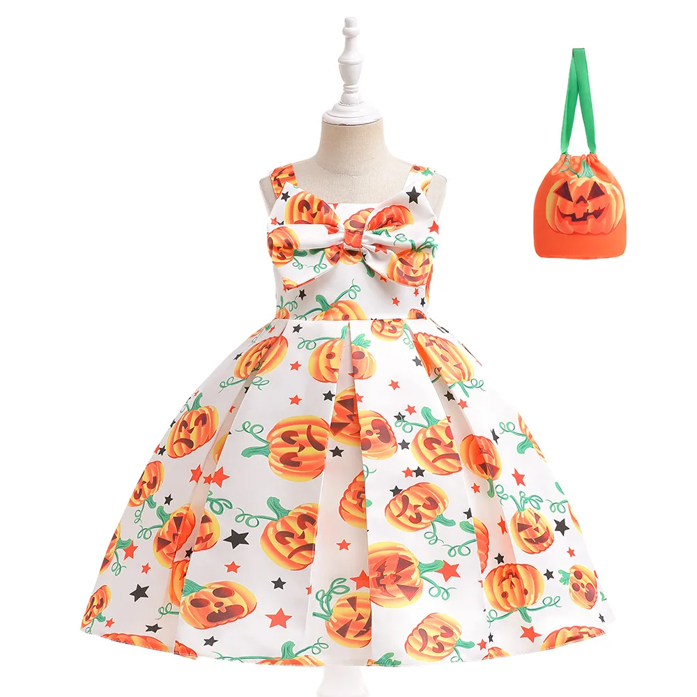 Girls Party Halloween Dresses 100cm-150cm Children Princess Pumpkin Print Dress Satin Baby Vestidos Performance Skirt